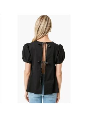 Tuckernuck Pomander Place Julianna Bow Back Top blouse black puff sleeves XL NEW